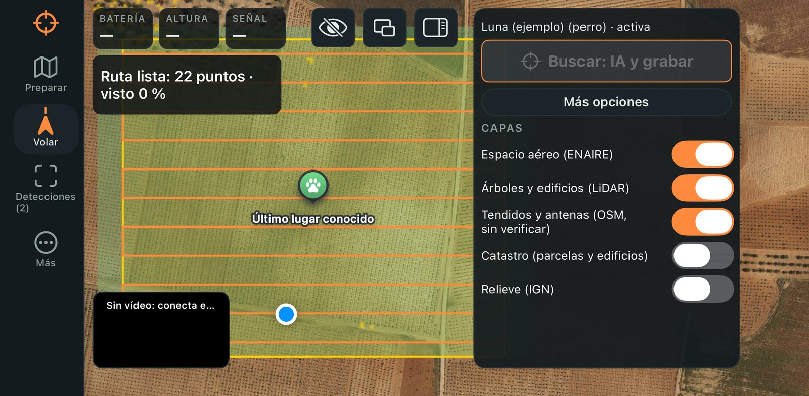 Flight screen of Animal Drone Rescue AI: the route over the fields, with map layers for airspace, trees and buildings, and power lines
