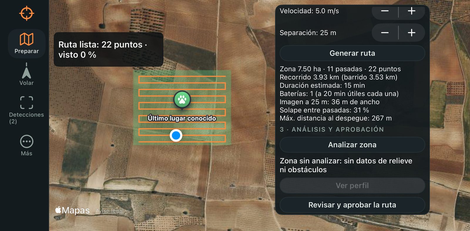 Animal Drone Rescue AI on an iPhone: satellite map with the search area, the last place the dog was seen and an orange zigzag route; the panel shows 7.5 ha, 11 passes and about 15 minutes of flight