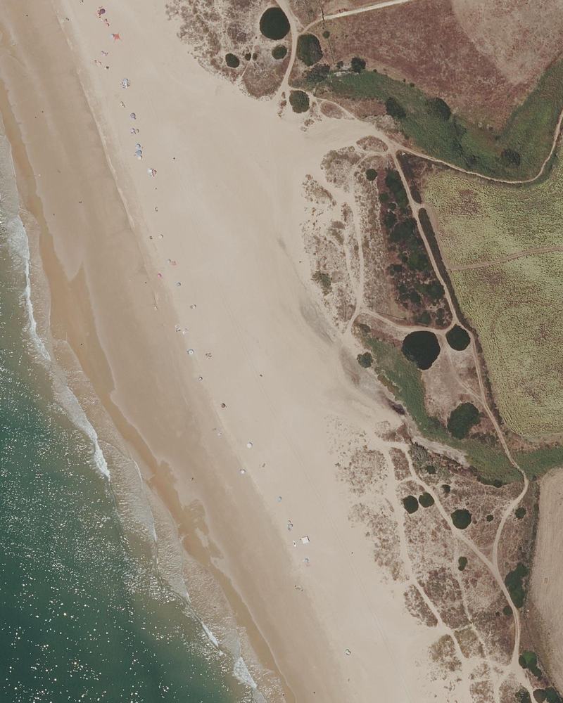 Ortofoto della spiaggia di El Palmar con la traccia reale del drone: una spirale sopra la sabbia, la salita e la discesa fino al punto in cui si trovava Mosty